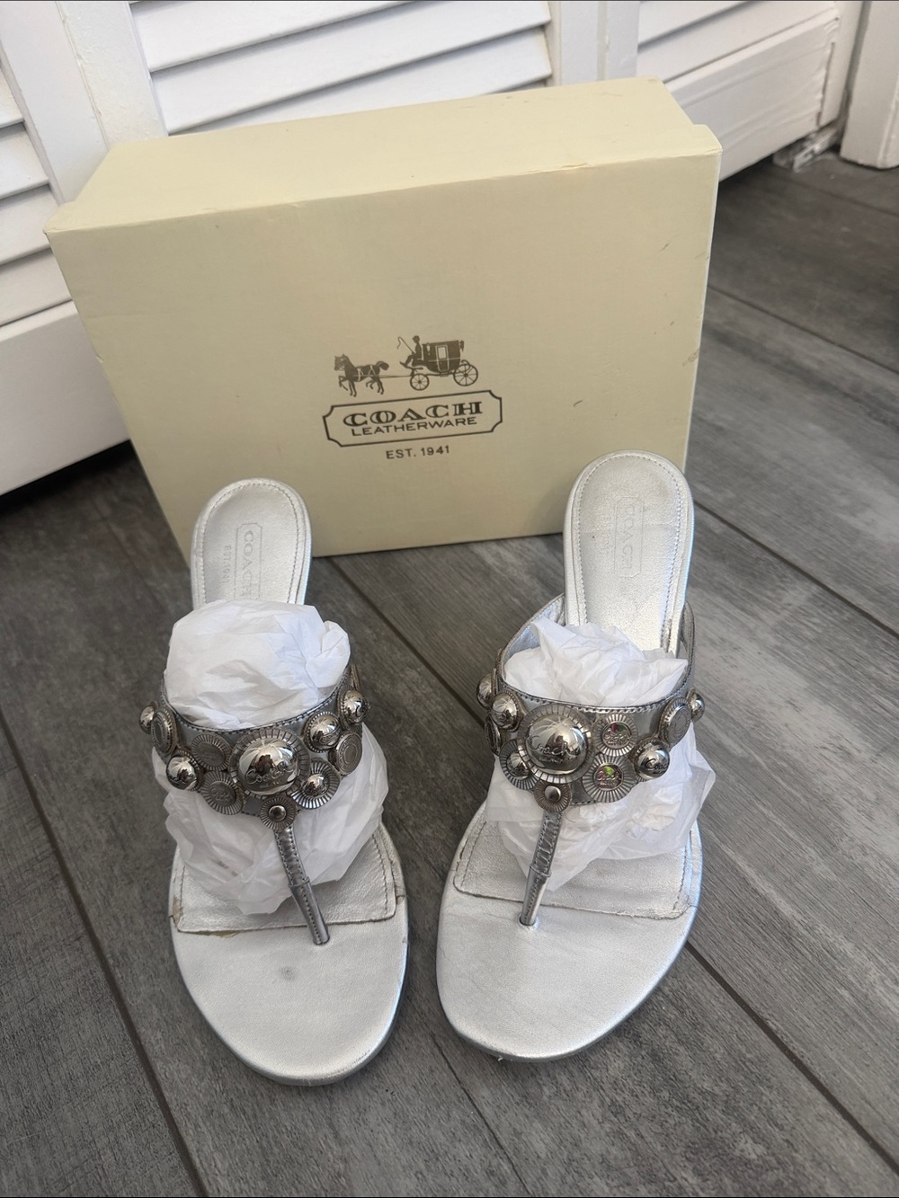Coach Silver Beaded T-Strap Thong Sandals